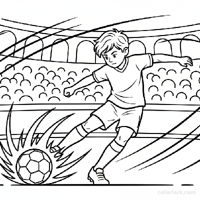 Line art of a young football player executing an intense strike.