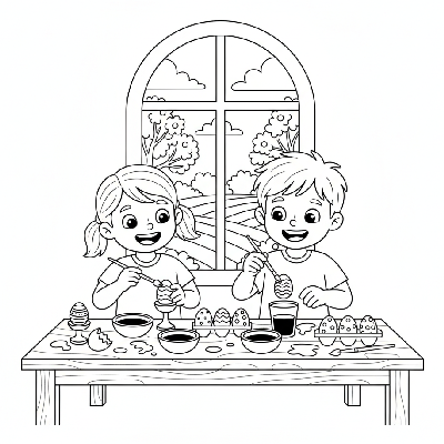 Black and white line art of two children decorating Easter eggs with dyes and paintbrushes at a table.