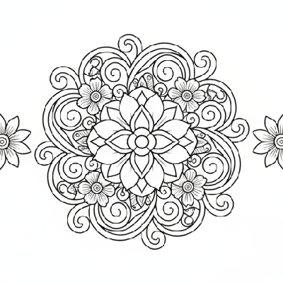 Black and white line art of an elegant floral swirls Rakhi with delicate flowers and flowing vines for graceful coloring.
