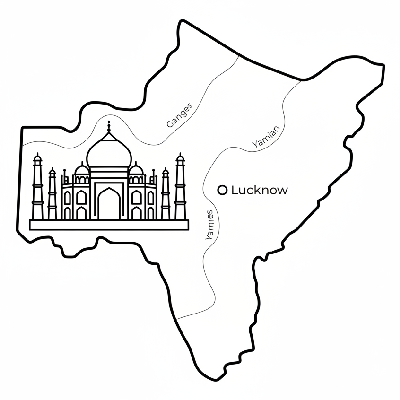 Line art coloring map of Uttar Pradesh state, featuring the Taj Mahal landmark and Lucknow as the capital.