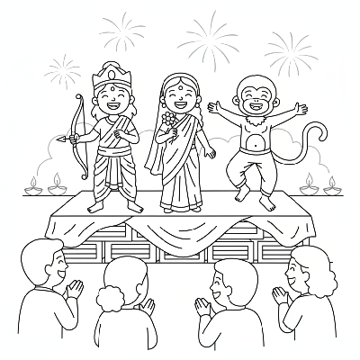 Children performing a small skit based on a Diwali story for family, with theatrical expressions and simple props, line art