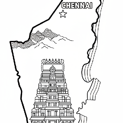 Line art coloring map of Tamil Nadu state, featuring the Meenakshi Temple, Chennai, and its extensive coastline.