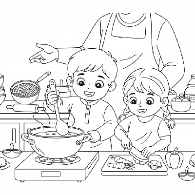 Children helping prepare Diwali meals in the kitchen with family, engaged and helpful, black-and-white line art
