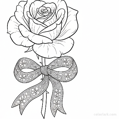 Black and white line art of a blooming rose with a delicate lace ribbon tied around its stem