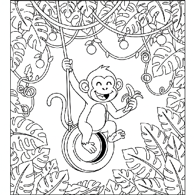 Line art of a monkey swinging from a tire swing, playfully eating a banana.