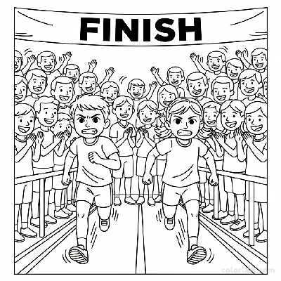 Line art of two little sprinters dashing to a finish line with close-up cheering family