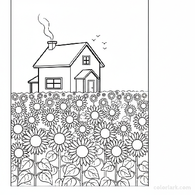 Black and white line art of a farmhouse behind a field of sunflowers