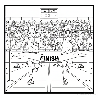 Line art of young runners sprinting at a track meet finish line with stadium spectators