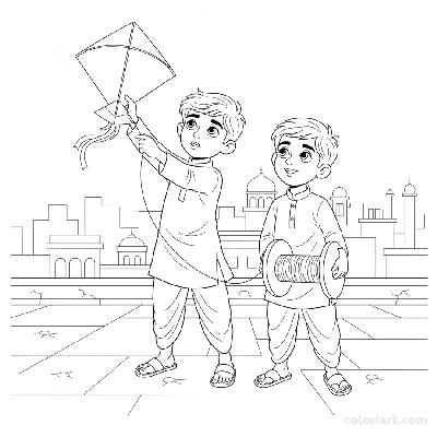 Line art of two Indian boys with their first kites on an Indian city rooftop adventure, for coloring.