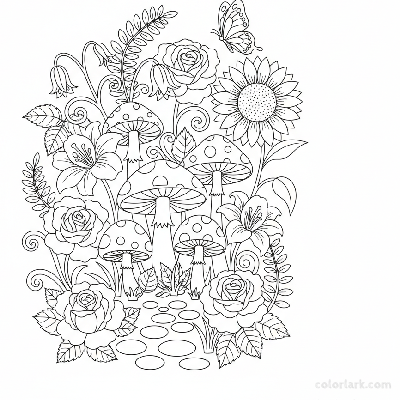 Black and white line art of a peaceful garden scene with various mushrooms, blooming flowers, and a graceful butterfly, for coloring.