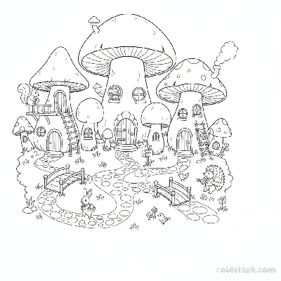 Black and white line art of a charming mushroom village with small doors, windows, and tiny forest animal residents, for coloring.