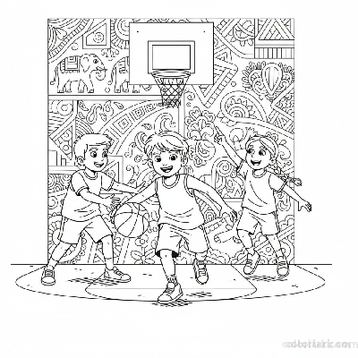 Line art of energetic Indian kids playing basketball near a wall with Indian folk art, with friends cheering.