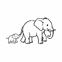 Playful baby elephant holding mother's tail, free coloring page.