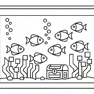 Black and white line art of a home aquarium display with fish, seaweed, and a treasure chest, all formed by circles, squares, and triangles for coloring.