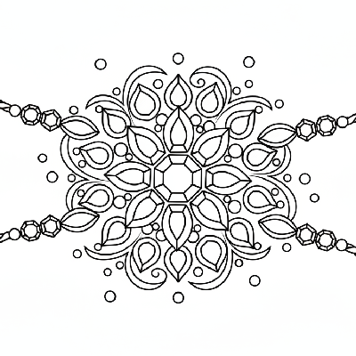 Black and white line art of an elegant stone-studded Rakhi with various sized gemstone outlines and subtle swirls for glamorous coloring.