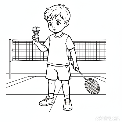 Black and white line art of a child focusing and concentrating before a badminton serve.