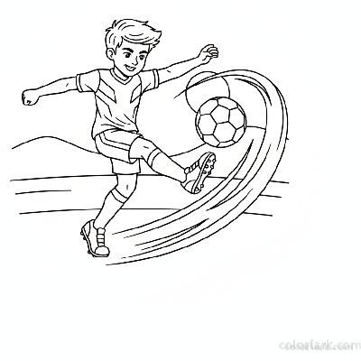 Line art of a child player showing off a powerhouse kick.