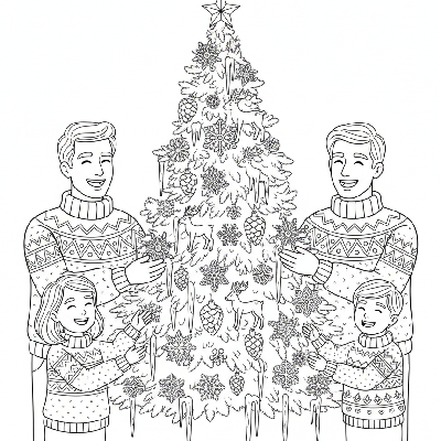 Line art of parents and kids decorating a 'Winter Wonderland' Christmas tree with snowflake and icicle ornaments.