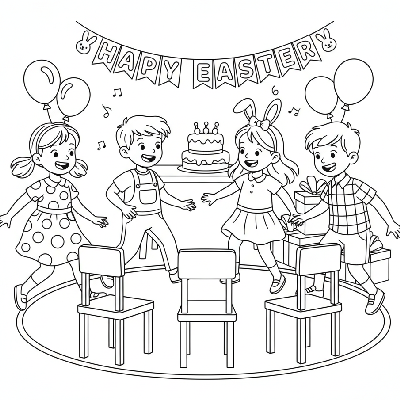 Black and white line art of four excited children playing musical chairs at an Easter party.