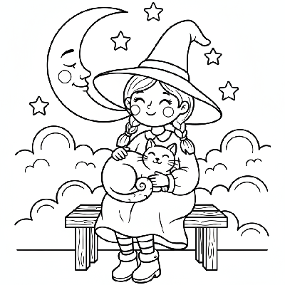 Black and white line art of a sweet cartoon witch petting a black cat under a crescent moon, Halloween coloring page.