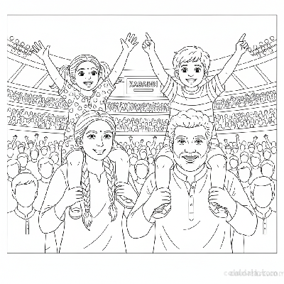 Line art of Indian children on the shoulders of adults, watching Kabaddi National Finals.