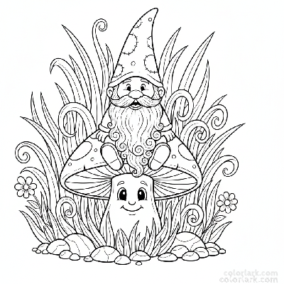 Black and white line art of a happy garden gnome sitting on the cap of a very large mushroom in a garden scene, for coloring.
