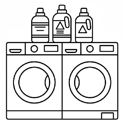 Black and white line art of laundry room appliances including a washing machine, dryer, and detergent bottles, all composed of circles, squares, and triangles.