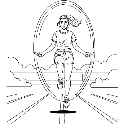 Line art of a teen girl vigorously skipping rope for outdoor fitness