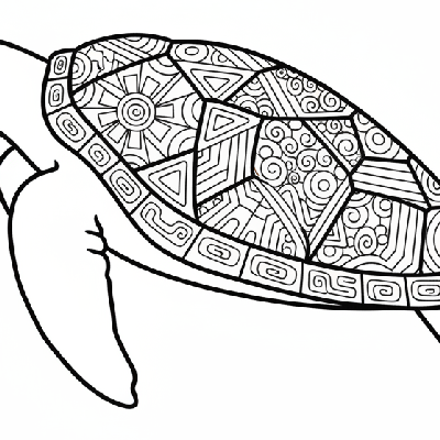 Black and white line art coloring page of a sea turtle featuring a beautiful, intricate geometric pattern on its shell.