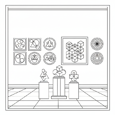 Black and white line art of an art museum gallery with paintings, sculptures, and frames, all composed of circles, squares, and triangles for shape learning.