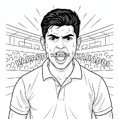 Close-up black and white line art of an intense Indian Kabaddi player chanting 'Kabaddi Kabaddi.'
