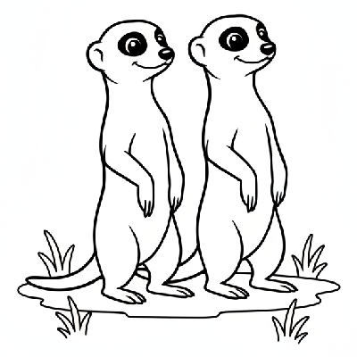 Black and white line art of two meerkats standing alert, simplified for easy coloring by toddlers.