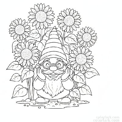 Black and white line art of a garden gnome peeking from a sunflower patch