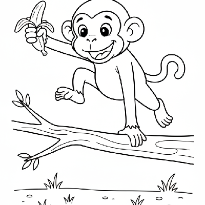 Line art of a funny monkey performing cartwheel-like acrobatics in a jump, holding a partially peeled banana.