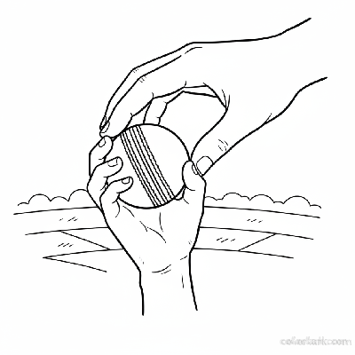 Indian boy practicing seam bowling grip with coach's instruction, black and white line art.