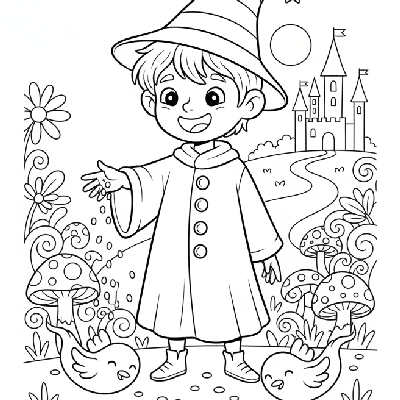 Black and white line art of a charming wizard boy feeding friendly ghost birds, Halloween coloring page.