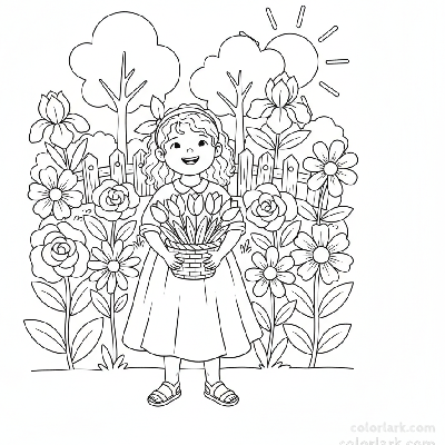 Line art illustration of a girl holding a basket filled with freshly picked tulips