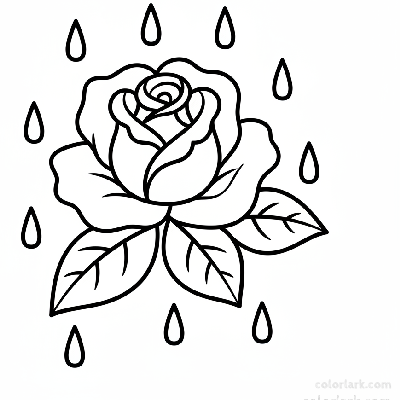Beginner rose with raindrops outline coloring page for kids, black and white line art, simple flower with water.