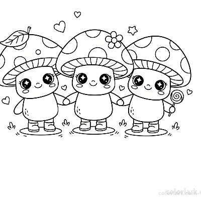 Black and white line art of three adorable kawaii chibi-style mushroom characters with oversized eyes and smiling expressions, for coloring.