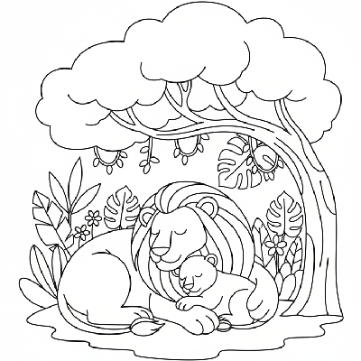 Black and white line art of a mother lioness and cub napping under a shady tree in an Indian jungle