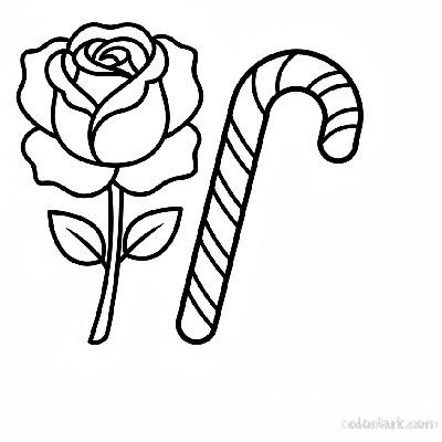 Easy rose and candy cane coloring page for holiday kids, black and white line art, simple flower and holiday treat.