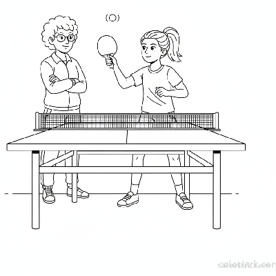 Black and white line art of a beginner girl mastering the ball toss for a table tennis spin serve, with her coach watching.