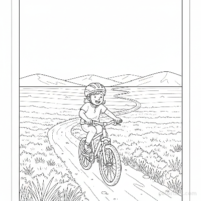 Black and white line art coloring page of a child with a helmet, riding a bicycle on an open moorland trail.