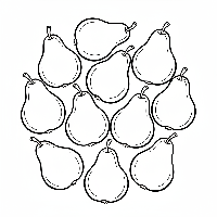 A black-and-white line art illustration depicting ten delicious green pears, used for teaching the number 10 to children.