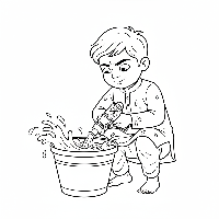 Boy filling pichkari from bucket Holi coloring page