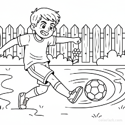 Line art of a young football enthusiast power-kicking a ball.