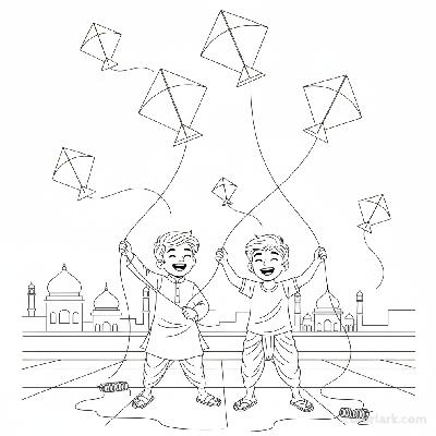Line art of joyful Indian boys playing with multiple kites on an Indian spacious city terrace, for coloring.