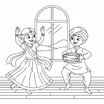 Children practicing traditional Indian folk dance steps for Diwali, in mid-movement and smiling, black-and-white line art