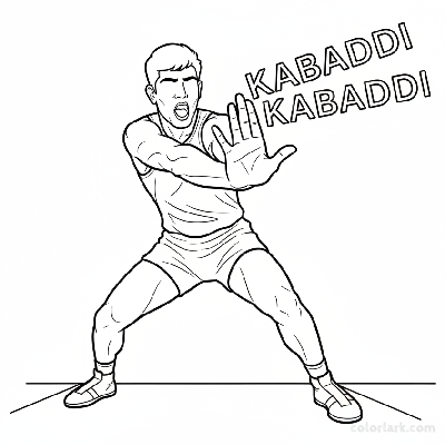 Black and white line art of an Indian Kabaddi player's outstretched arm in detail, chanting 'Kabaddi Kabaddi'.