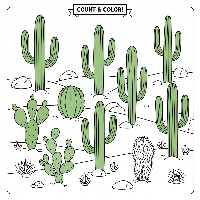 A black-and-white line art illustration depicting nine tall green cactuses in a desert, used for teaching the number 9 to children.